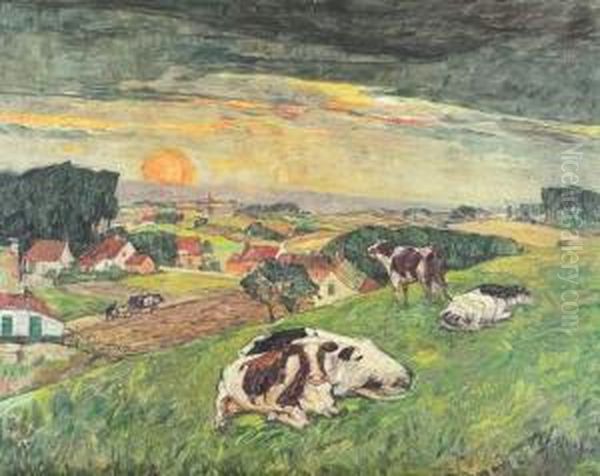 Zonsondergang Te Tiegem - Koeien (1931) Oil Painting by Modest Huys