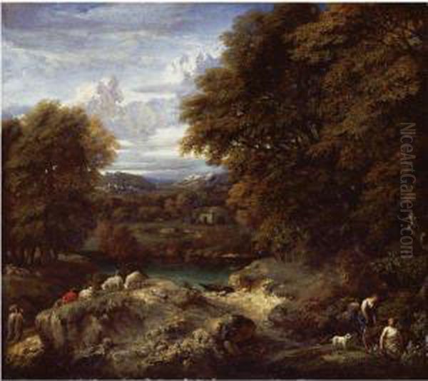 A Wooded River Landscape With A Shepherd Resting Near His Flock Oil Painting by Cornelis Huysmans