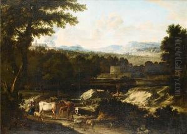 Drovers And Their Cattle In An Italianate Landscape With A Fortification In The Distance Oil Painting by Cornelis Huysmans