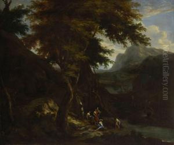 Waldlandschaft Mit Figurenstaffage. Oil Painting by Cornelis Huysmans