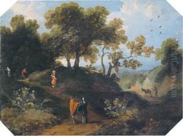 Paesaggio Boschivo Collinare Con Figure Di Contadini Oil Painting by Cornelis Huysmans