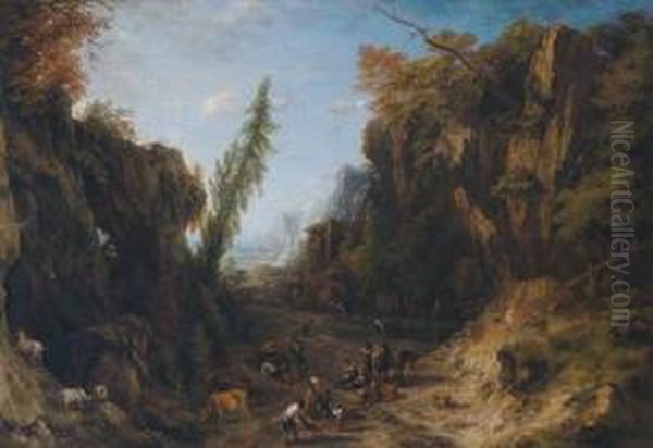 Paesaggio Montuoso Boschivo Con Pastori Oil Painting by Cornelis Huysmans