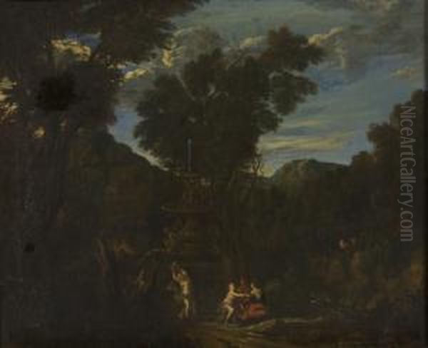 Antikisierende Landschaft Mit Nymphen, Pan Und Erotischer Szene Oil Painting by Cornelis Huysmans