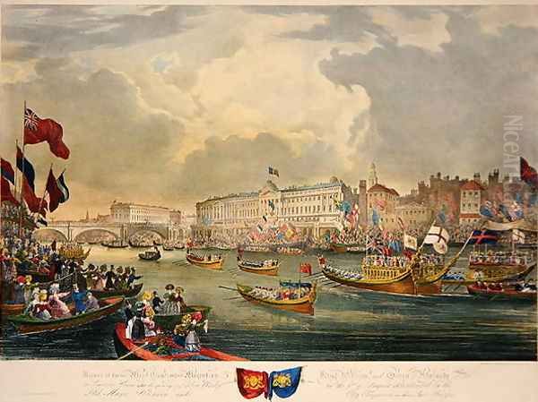 View of the River Thames during King William IV and Queen Adelaide opening London Bridge Oil Painting by Frederick Calvert