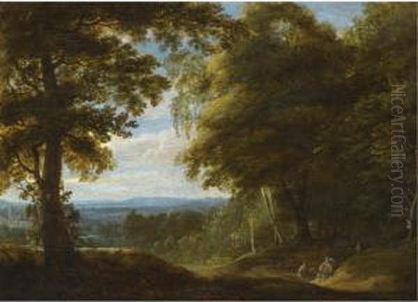 A Wooded Landscape With Two Hunters Resting Beside A Track Oil Painting by Cornelis Huysmans