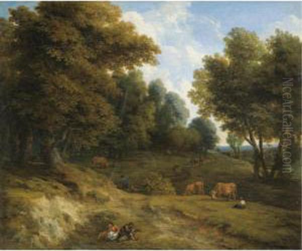 A Wooded Landscape With Cows, And Figures In The Foreground Oil Painting by Cornelis Huysmans