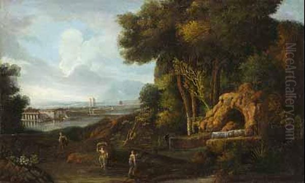 Landschaft Mit Felsgrotte, Im Hintergrund Fluss Und Stadt. Oil Painting by Cornelis Huysmans