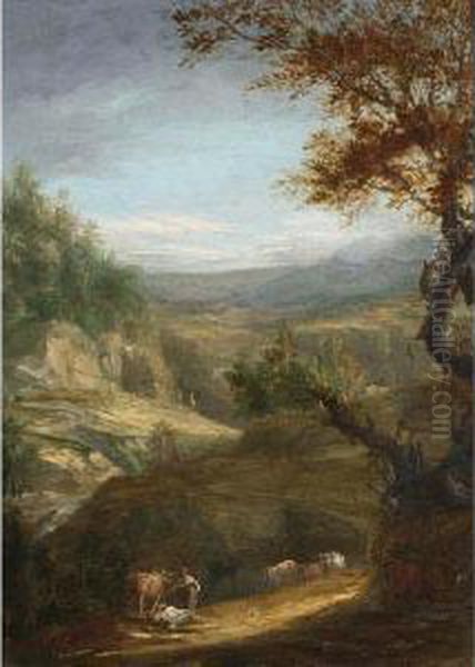 An Extensive Landscape With Drovers And Their Cattle Resting Oil Painting by Cornelis Huysmans