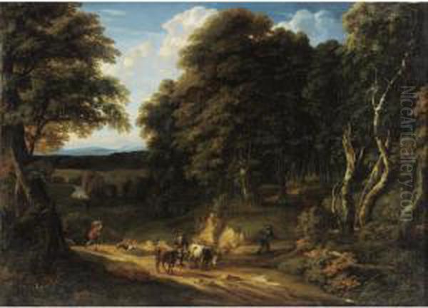 A Wooded Landscape With A Drover
 And Two Heifers On A Road, Two Anglers On The Bank Of A River Beyond Oil Painting by Cornelis Huysmans