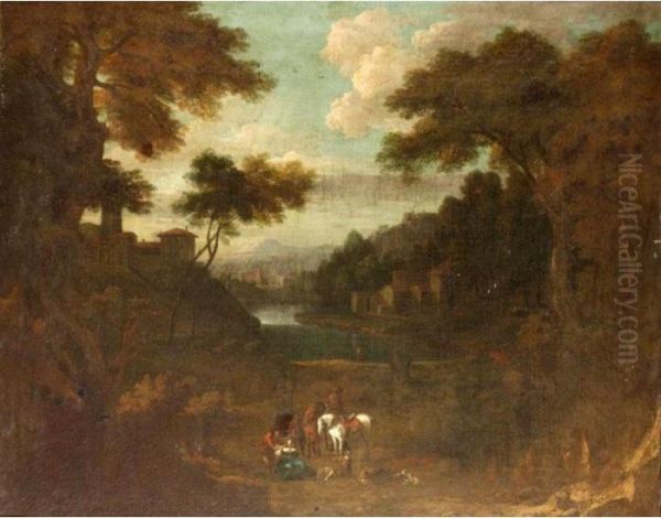 Figures Resting In A Classical Landscape Oil Painting by Cornelis Huysmans