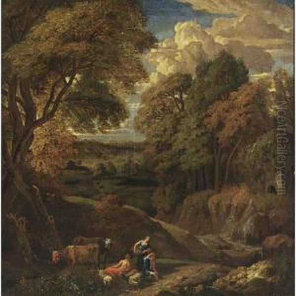 A Classical Wooded Landscape With Shepherds Tending Their Herd In The Foreground Oil Painting by Cornelis Huysmans