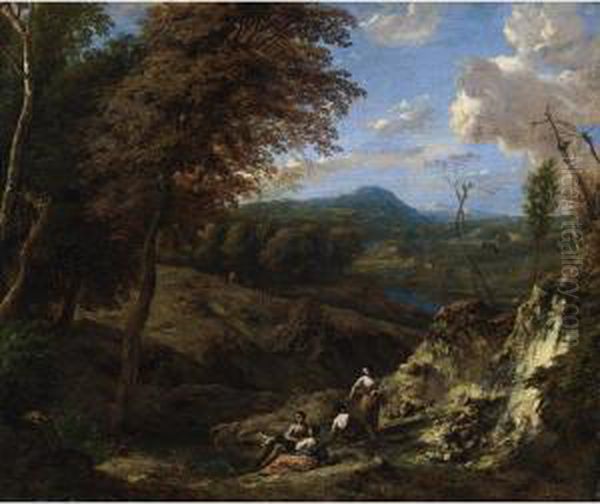 A Wooded Hilly Landscape With Classical Figures Resting Near A Pond Oil Painting by Cornelis Huysmans