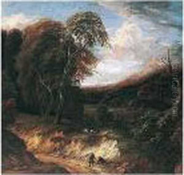 A Wooded Landscape With Figures Rested On A Path, Sheep Grazing Beyond Oil Painting by Cornelis Huysmans