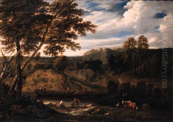 Fishermen On A River Bank With A
 Peasant Woman And Cattle In Ameadow, A Haybarge Near A Landing Stage, 
In An Italianatelandscape Oil Painting by Cornelis Huysmans