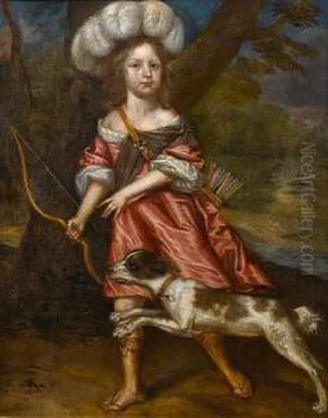 Portrait Of A Young Girl As 
Diana,full-length, In A Red Dress With A White Chemise, Holding A 
Bow,with A Dog At Her Feet Oil Painting by Jacob Huysmans