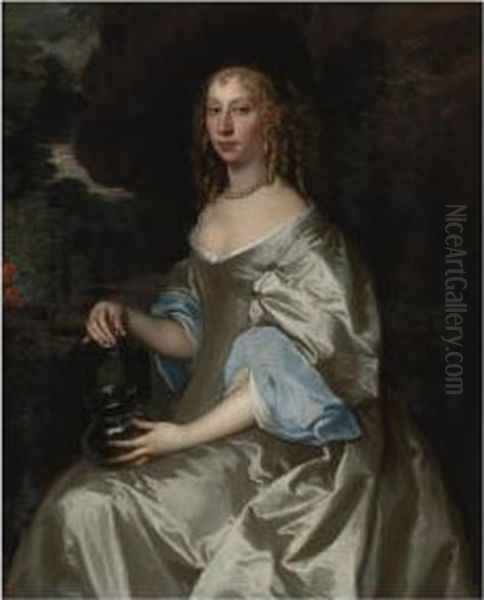 Portrait Of A Lady, Half-length, Wearing A Grey Satin Gown Oil Painting by Jacob Huysmans