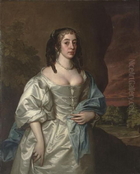 Portrait Of A Lady Of The 
Osborne Family, Three-quarter-length, In An Oyster Satin Dress And Blue 
Wrap, With Pearl Ornaments, A Landscape Beyond Oil Painting by Jacob Huysmans