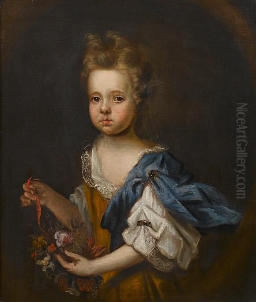 Portrait Of A Young Girl, 
Three-quarter-length, In A Yellow Dress And Blue Shawl Holding A Posy Of
 Flowers, Within A Painted Oval Oil Painting by Jacob Huysmans