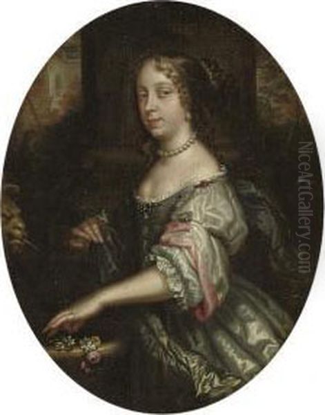 Portrait Of A Lady, 
Three-quarter-length, In An Oyster Satin Dress With Pink Sleeves, Pearl 
Ornaments And A Blue Wrap, Orange Blossom And A Rose In Her Left Hand Oil Painting by Jacob Huysmans