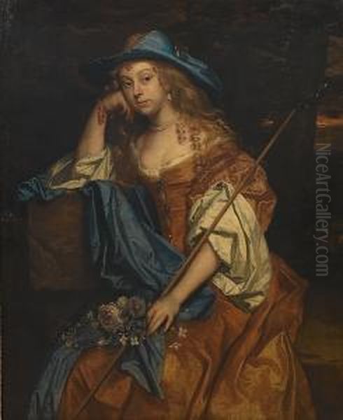 Portrait Of A Lady, 
Three-quarter-length, In A Gold Satin Dress With A Blue Wrap And A Blue 
Hat, Holding A Shepherd's Crook, Seated In A Landscape Oil Painting by Jacob Huysmans