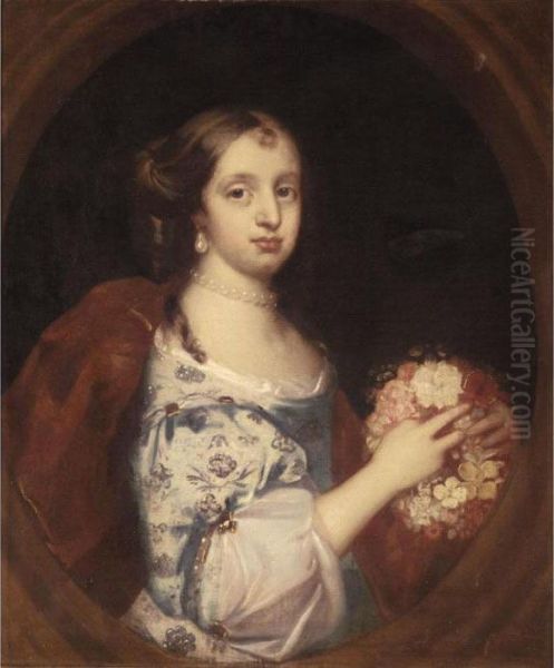 Portrait Of A Young Lady, Half 
Length, Wearing A Blue Embroidered Dress And Holding A Posy Of Flowers Oil Painting by Jacob Huysmans