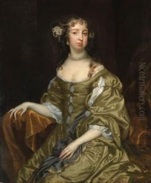 Portrait Of Lady Cotton, Three-quarter Length, Seated, In A Greenand White Satin Dress Oil Painting by Jacob Huysmans