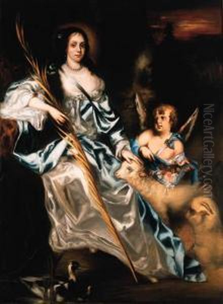 Portrait Of Queen Catherine Of 
Braganza As Saint Catherine,full-length, Holding A Palm Frond In Her 
Right Hand, Her Left Handresting On A Lamb With A Putto Strewing Flowers Oil Painting by Jacob Huysmans