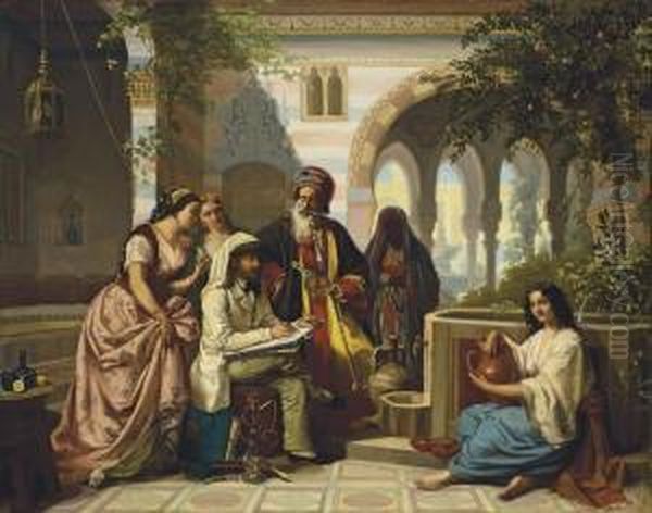 The Artist Sketching In A Courtyard In Damascus Oil Painting by Jan Baptist Huysmans