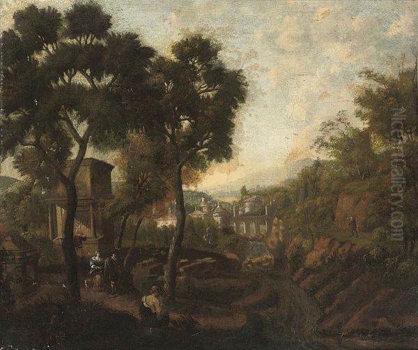 A Wooded Italianate River Landscape With Figures In The Foreground, A Town Beyond Oil Painting by Jan Baptist Huysmans