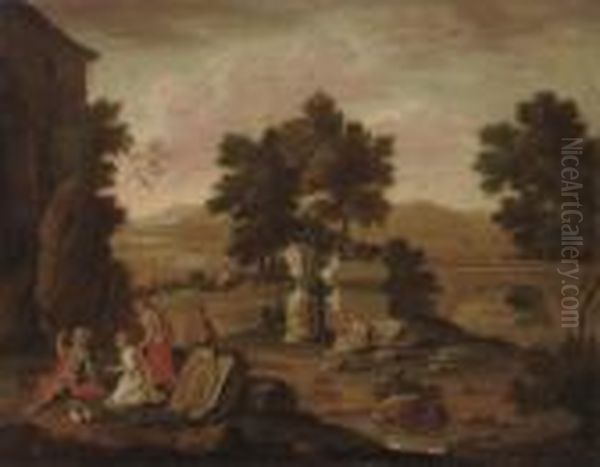 A River Landscape With Classical Ruins And Figures Conversing, Mountains Beyond Oil Painting by Jan Baptist Huysmans