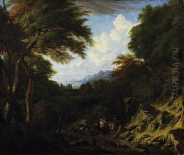 Classical Landscape With Figural Staffage. View Through A Foresty Dale On The Coast. Oil Painting by Jan Baptist Huysmans