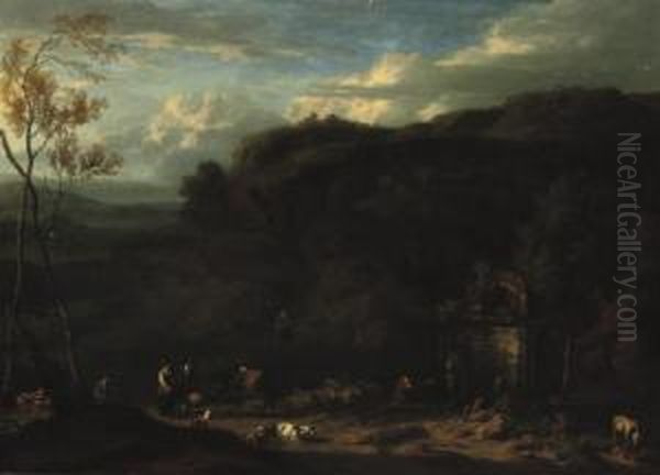 An Italianate Landscape With Peasants And Animals Near A Classical Fountain Oil Painting by Jan Baptist Huysmans