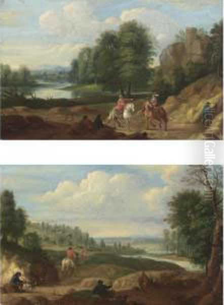 River Landscapes With Cavaliers On A Tracks Oil Painting by Jan Baptist Huysmans