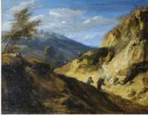 Travellers In A Mountainous Landscape Oil Painting by Jan Baptist Huysmans