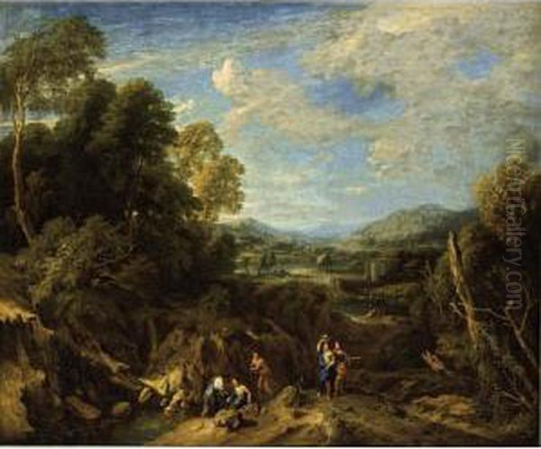 An Extensive River Landscape With Classical Figures Conversing And Mountains Beyond Oil Painting by Jan Baptist Huysmans