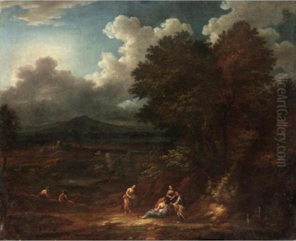 Extensive Classical Landscape With Six Figures In The Foreground, A Hilltop Town Beyond Oil Painting by Jan Baptist Huysmans