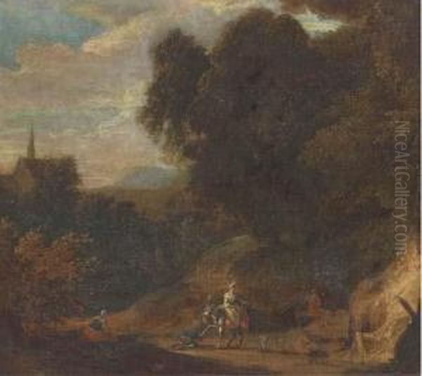 A Wooded Landscape With Travellers On A Track Oil Painting by Jan Baptist Huysmans