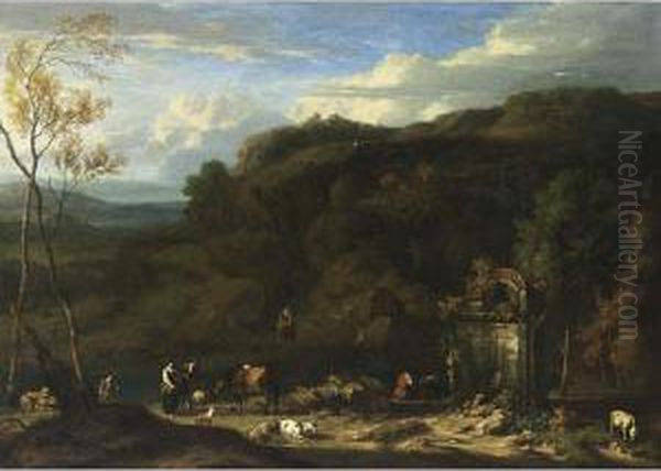 An Italianate Wooded Landscape With Shepherds And Their Herds Near A Nymphaeum Oil Painting by Jan Baptist Huysmans