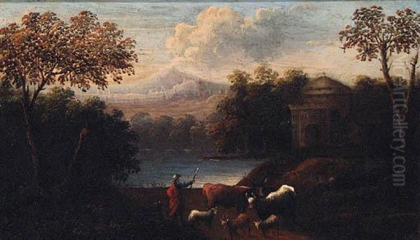 River Landscapes With Drovers On Paths, Castles Beyond Oil Painting by Jan Baptist Huysmans