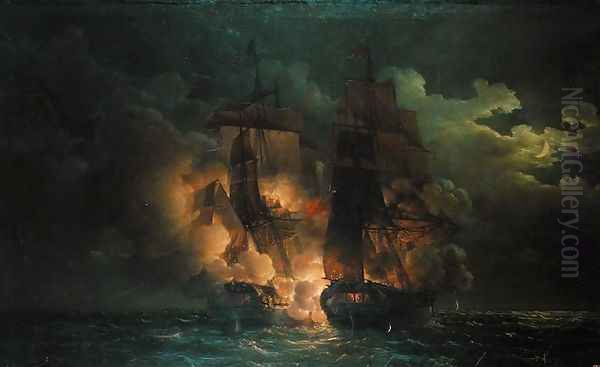 Battle Between the French Frigate Arethuse and the English Frigate Amelia in View of the Islands of Loz, 7th February 1813 Oil Painting by Louis Philippe Crepin