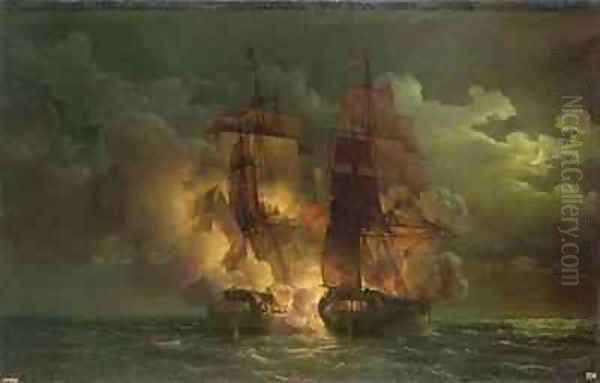 Battle Between the French Frigate Arethuse and the English Frigate Amelia in View of the Islands of Loz Oil Painting by Louis Philippe Crepin