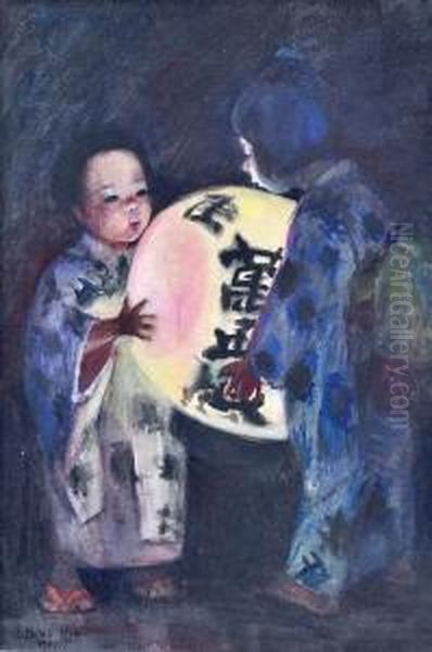 Children With A Japanese Lantern Oil Painting by Helen Hyde