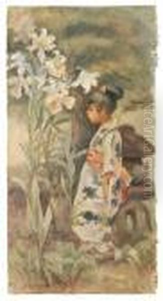 Depicting A Young Girl In A Garden With Lilies Oil Painting by Helen Hyde