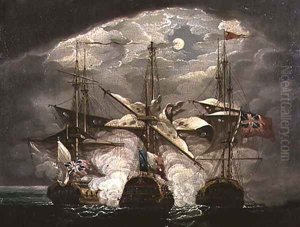 A Moonlit Battle Scene Oil Painting by Robert Cleveley