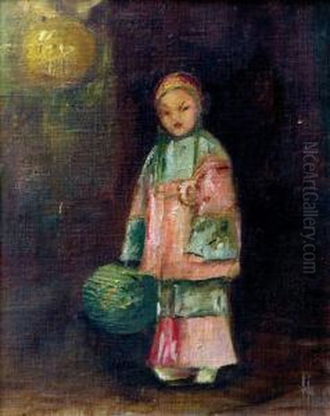 Young Girl Holding A Lantern Oil Painting by Helen Hyde