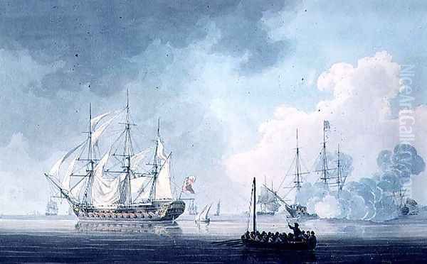 English Ships of War, one firing a Salute Oil Painting by Robert Cleveley