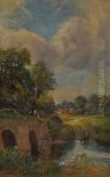 Figures On A Bridge Overlooking A Ford Oil Painting by George Hyde Pownall