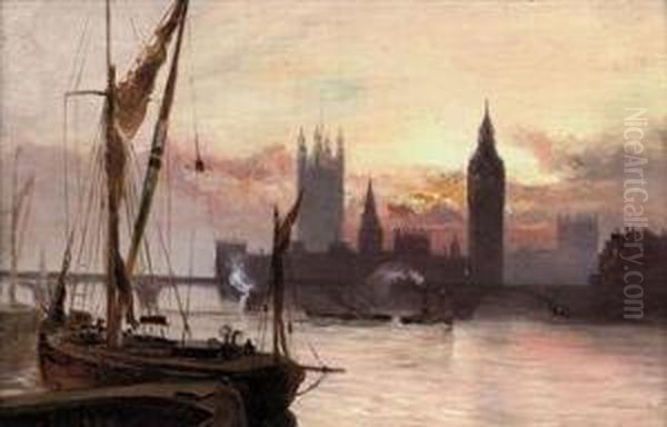 The Houses Of Parliament From Across The Thames Oil Painting by George Hyde Pownall