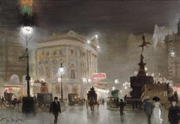 Piccadilly Circus At Night Oil Painting by George Hyde Pownall