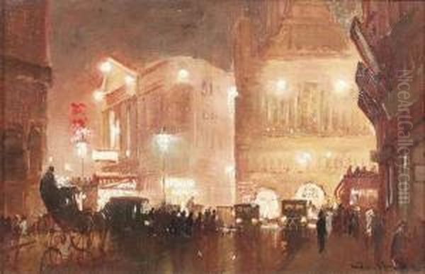 Piccadilly Circus By Night. 
River Thames By Night. Haymarket By Night. A Series Of Three Paintings.
 Oil/cardboard, Signed, Verso Label Of The Art Dealer S. Coombes, 175 
Strand, W.c. London Oil Painting by George Hyde Pownall